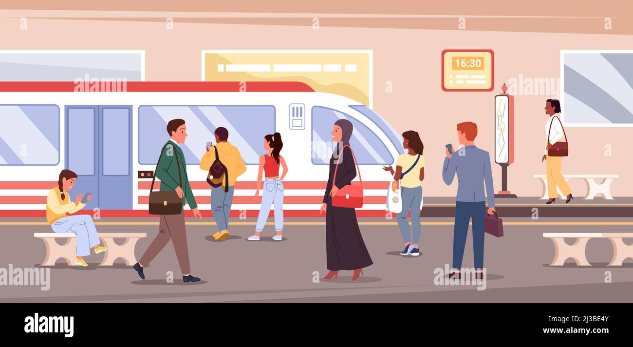Cartoon crowd of people travel, waiting and standing on platform with metro train background. City transportation concept. Underground subway station Stock Vector