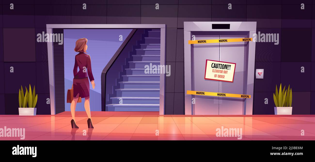 Businesswoman stand front of ladder and broken lift doors out of order. Unequal career opportunities, glass ceiling, sexism and discrimination of wome Stock Vector