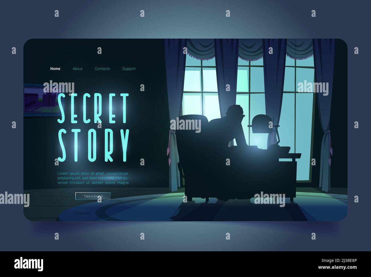 Secret story tour banner with spy investigates in night office. Adventure detective game in noir style. Vector landing page with cartoon illustration Stock Vector