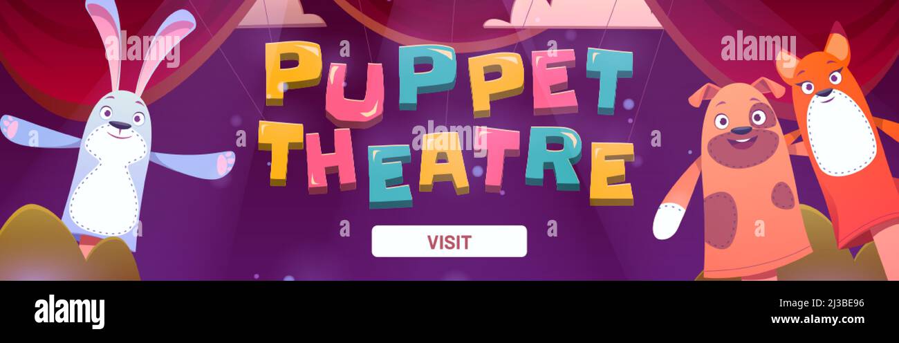 Puppet theater poster with rabbit, dog and fox dolls. Vector banner with cartoon illustration of theatre for kids with marionettes and red curtains. I Stock Vector