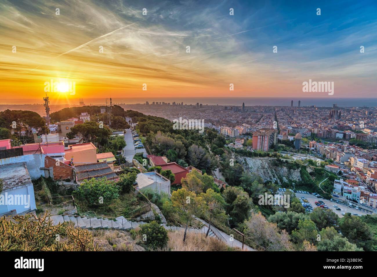 Barcelona Spain, high angle view sunrise city skyline from Bunkers del Carmel Stock Photo