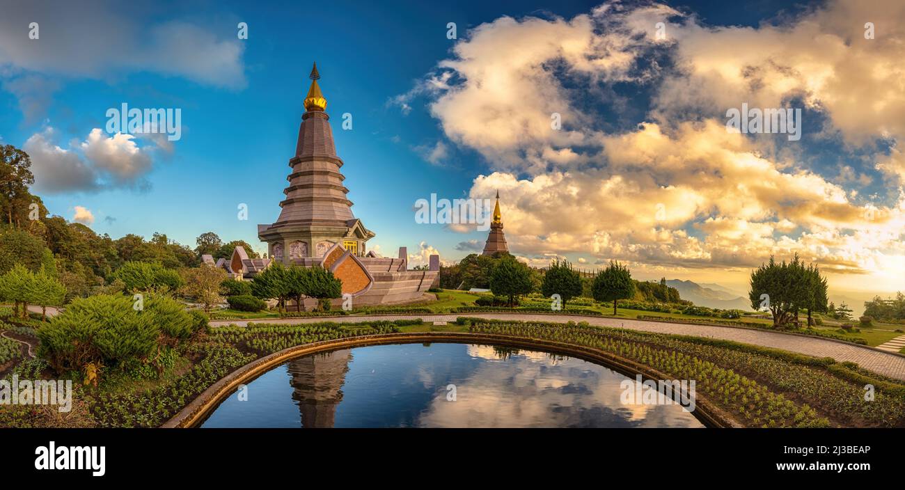 Chiang Mai nature landscape view at Twin Pagoda of Doi Inthanon, Chiang Mai Thailand panorama Stock Photo