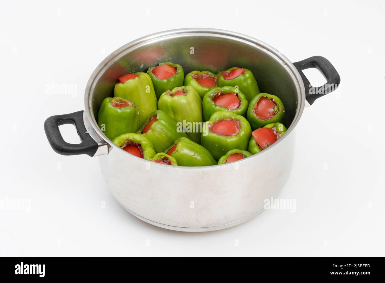 Deseeded green bell peppers ready to cook biber dolma (stuffed bell pepper). Stuffed bell pepper