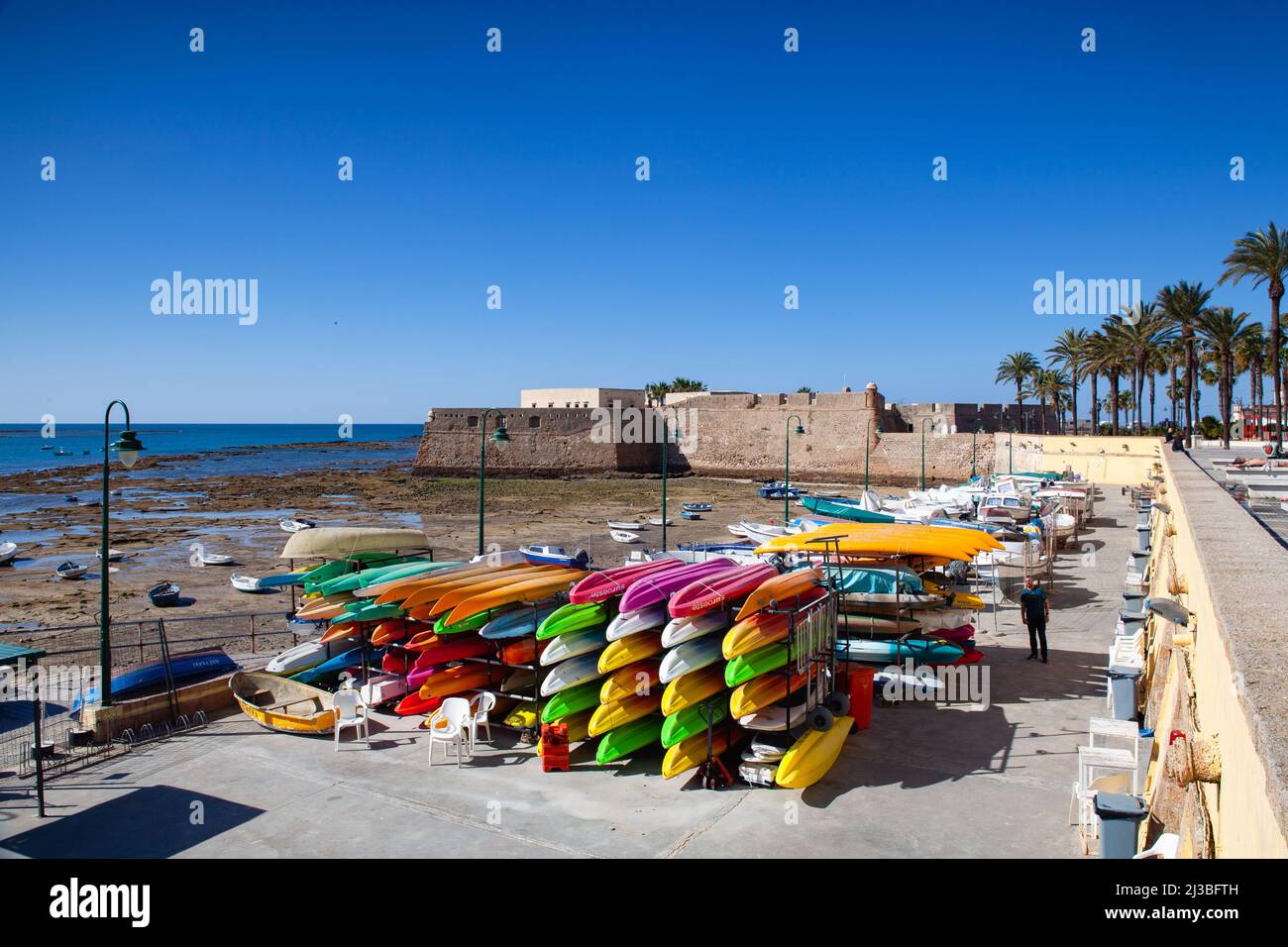 Cadiz, Spain - February 7,2022: The boats and sporting goods rental on the Promenade Paseo Canalejas, Cadiz, Andalusia, Spain. The place is perfect fo Stock Photo