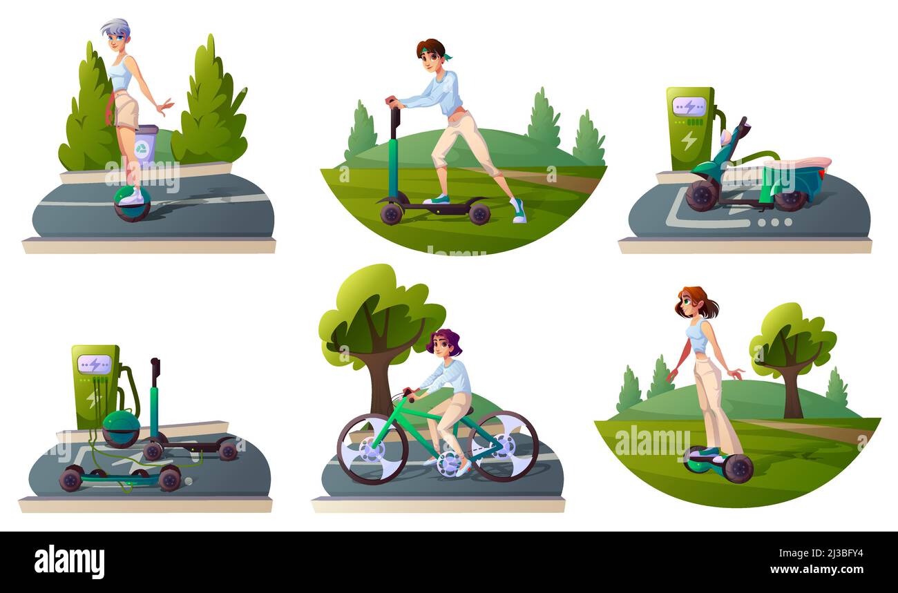 Set people riding ecology transport and recharge station service