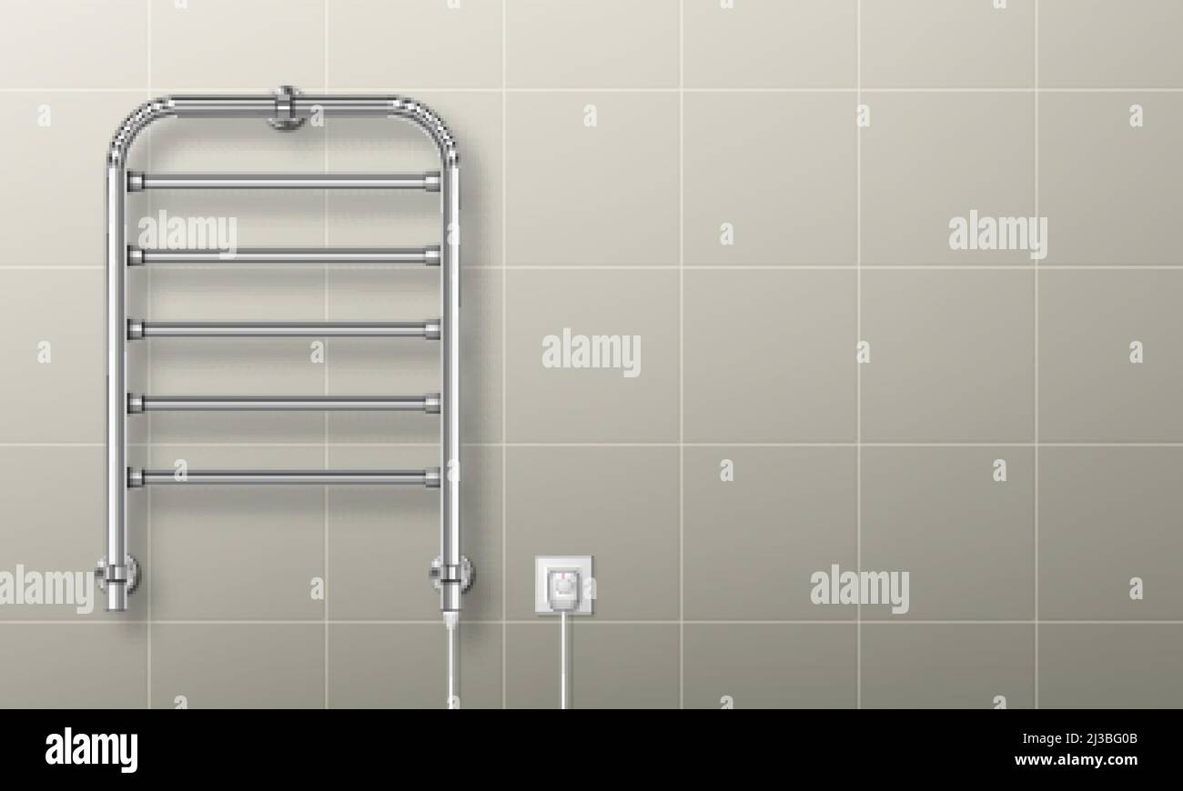 Towel heater rail warmer, plugged in coil dryer hang on tiled bathroom