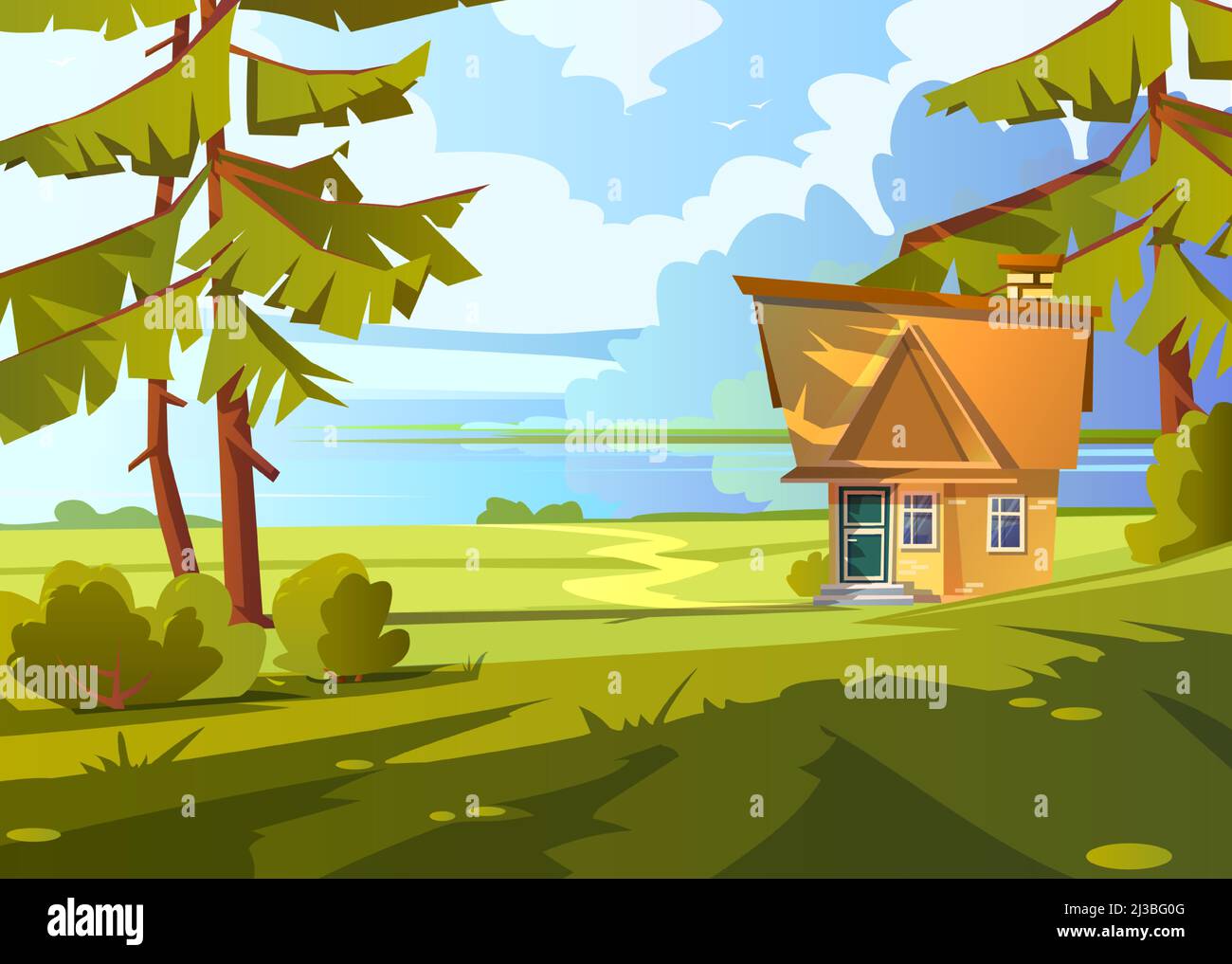 Brick house on lake shore. Summer countryside landscape with river, small  cottage, green grass and pine trees. Vector cartoon illustration of nature  s Stock Vector Image & Art - Alamy