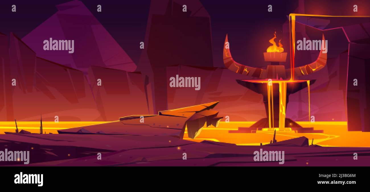 Hell underground world, infernal hot cave or mouth of volcano with lava. Devil altar with stone horns and burning fire, rocks around liquid magma, bla Stock Vector