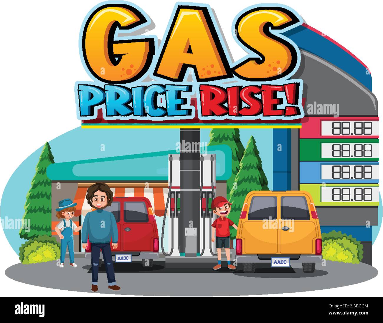 Gas station with gas price rise word logo illustration Stock Vector