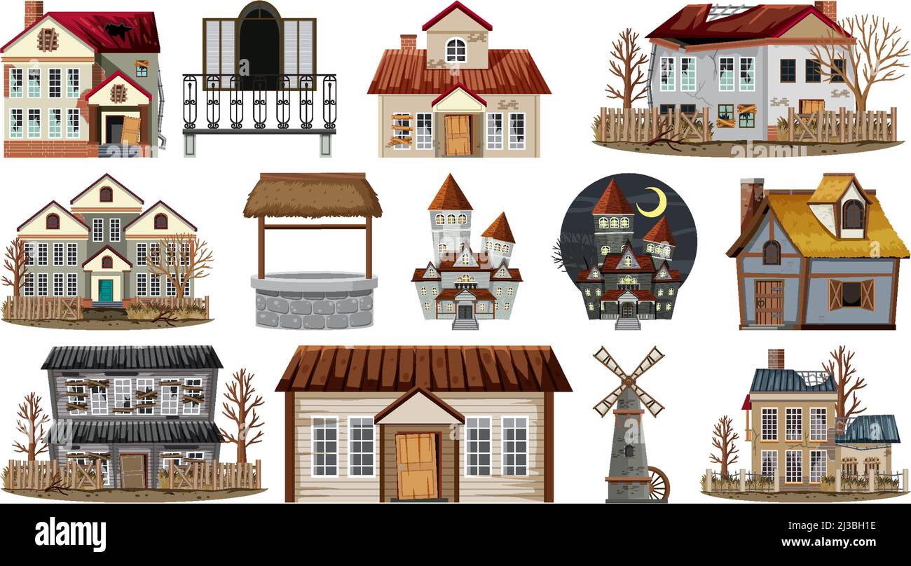 Set of abandoned houses and buildings illustration Stock Vector Image ...
