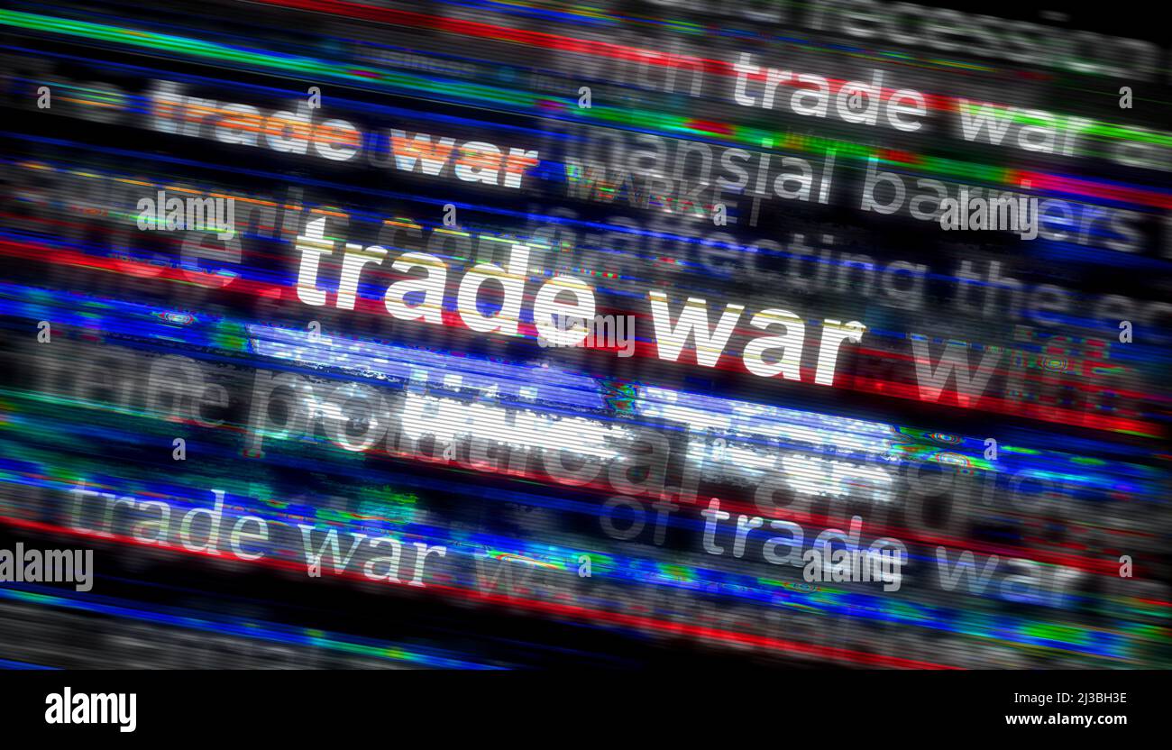 Headline news across international media with Trade war import and export tax tariff. Abstract concept of news titles on noise displays. TV glitch eff Stock Photo