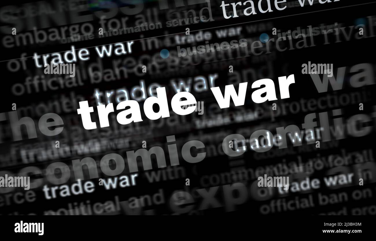 Headline news across international media with Trade war import and export tax tariff. Abstract concept of news titles on noise displays. TV glitch eff Stock Photo