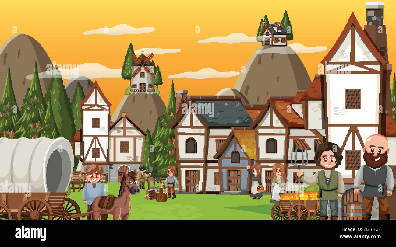 Medieval town scene with villagers illustration Stock Vector Image ...