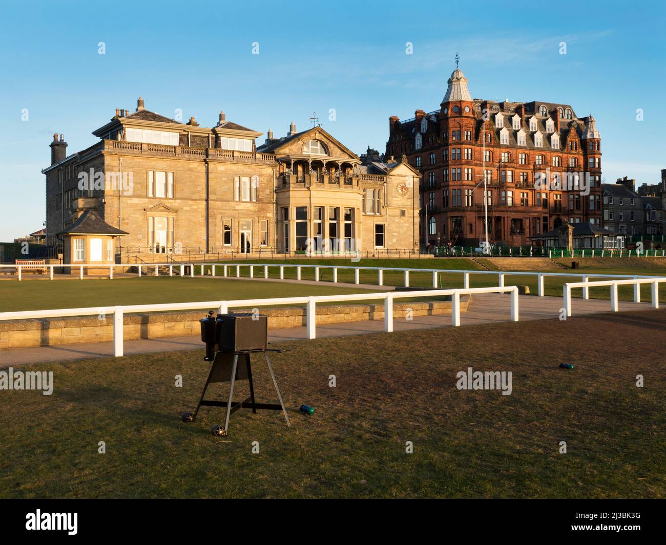 The Royal And Ancient Golf Club and Hamilton Hall from The Old Course at sunset St Andrews Fife Scotland Stock Photo