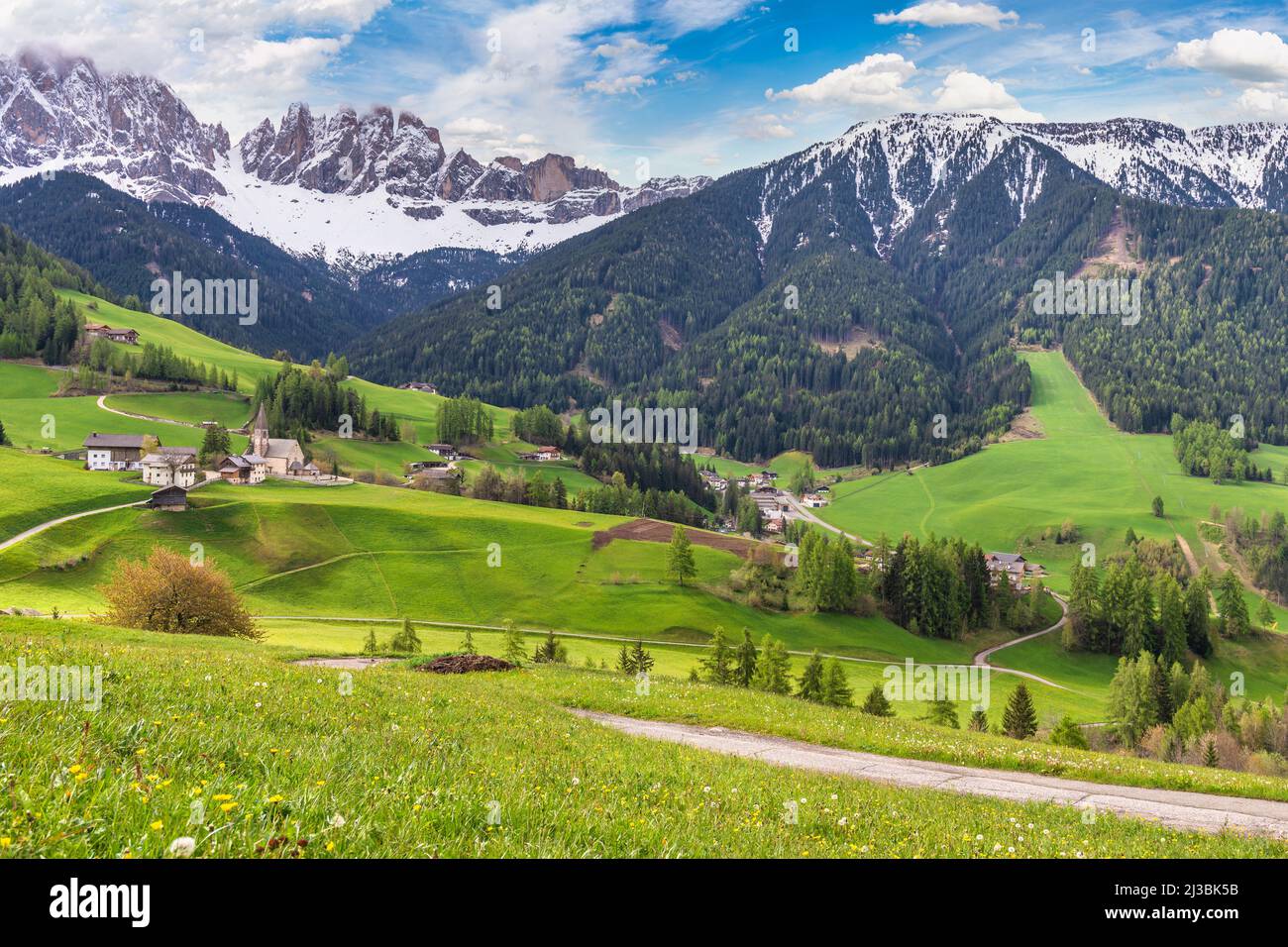 Dolomites Alp mountain landscape at Santa Maddalena village in spring season, St. Magdalena Italy Stock Photo