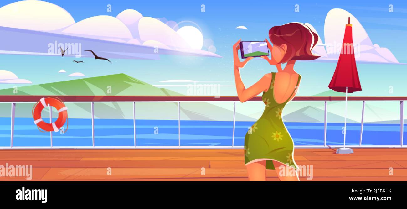 Woman on cruise liner deck shoot seascape view on smartphone, girl in summer dress photographing ocean on ship or sailboat. Summertime vacation journe Stock Vector