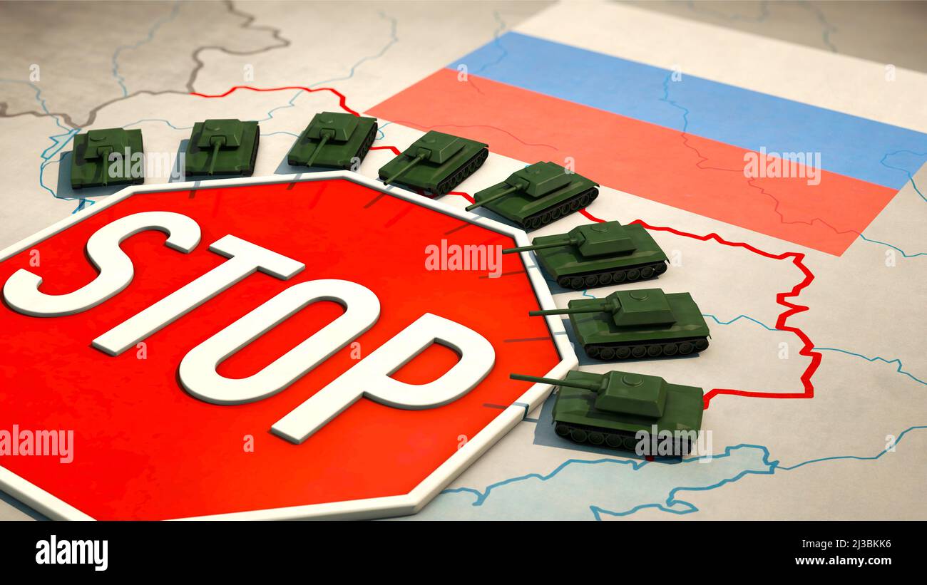 Russian invasion of Ukraine - tanks in front of stop sign Stock Photo