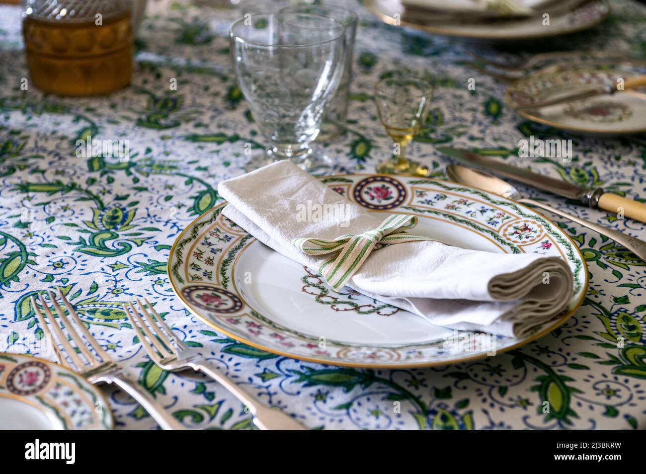 Linen napkin at place setting in 17th century Suffolk home, UK Stock Photo