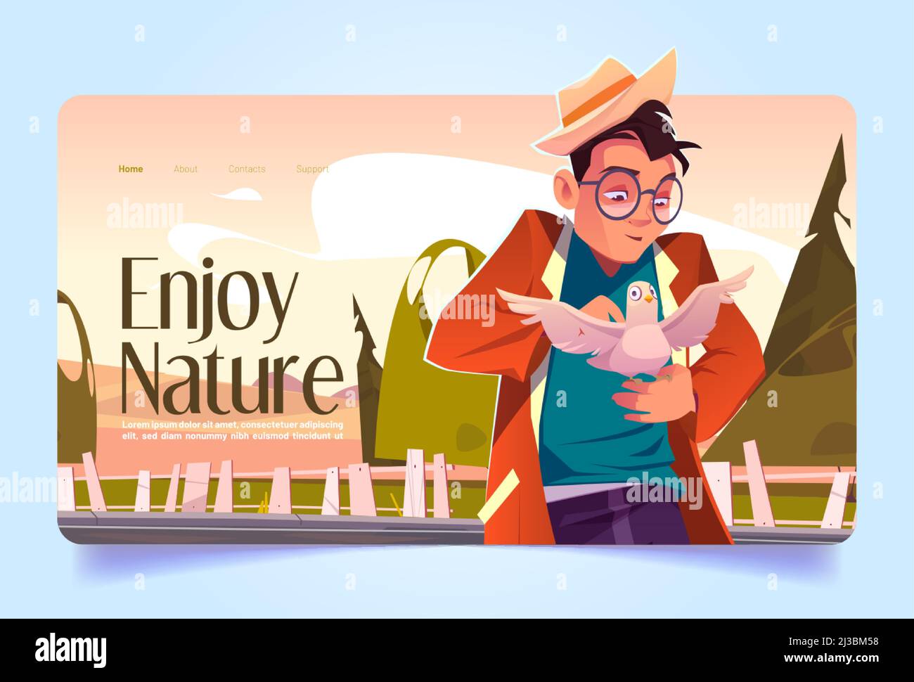 Enjoy nature banner with man caress white dove. Vector landing page with cartoon illustration of character in hat and glasses holding pigeon on hand i Stock Vector