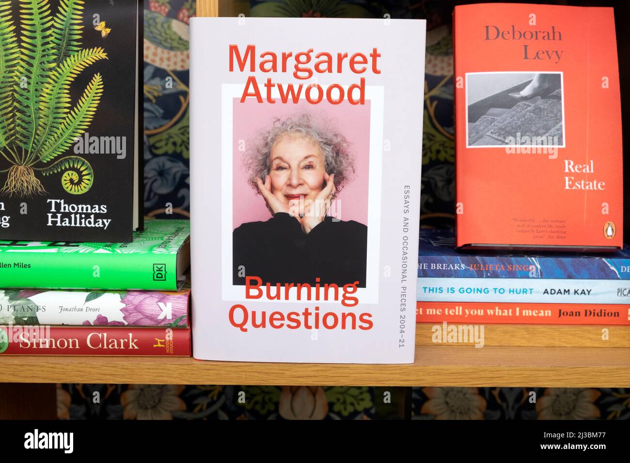 Canadian author writer Margaret Atwood book cover 'Burning Questions' in Waterstones bookstore