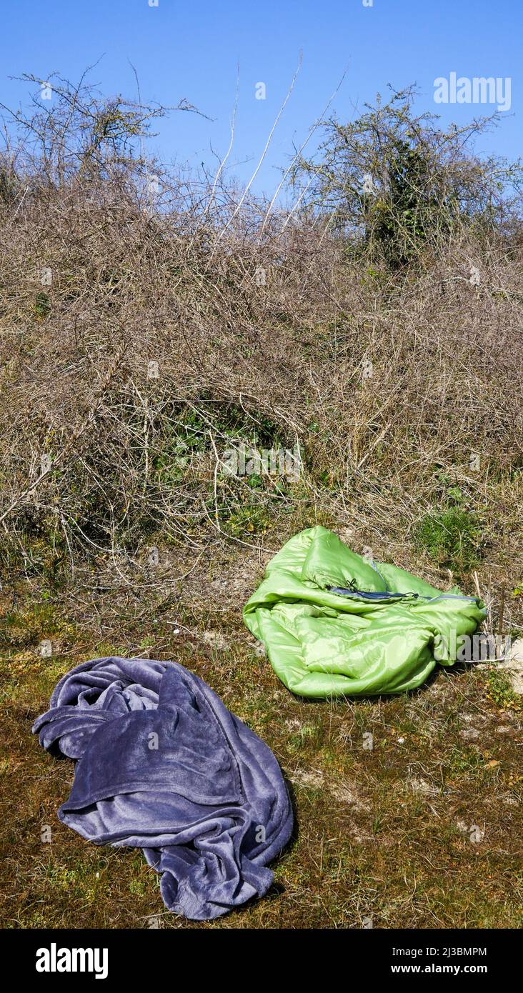 Sleeping bags abandoned by migrants, Dune du Perroquet - Parrot's Dune,  Bray-Dunes, Nord, Hauts-de-France, France Stock Photo - Alamy