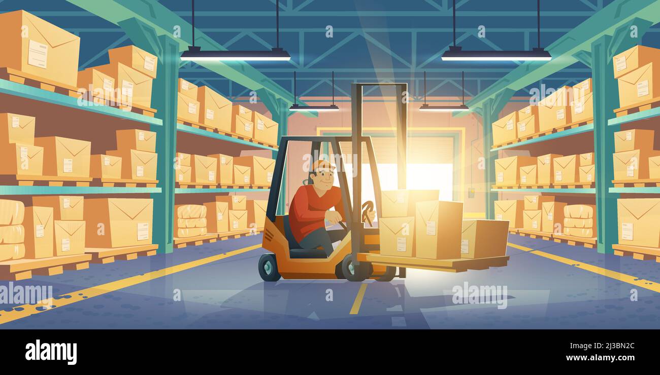 Worker in forklift in warehouse with cardboard boxes on shelves. Vector ...