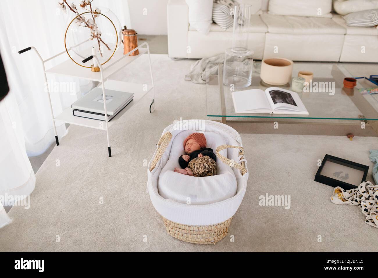 Newborn baby sleeping in cot in living room Stock Photo Alamy