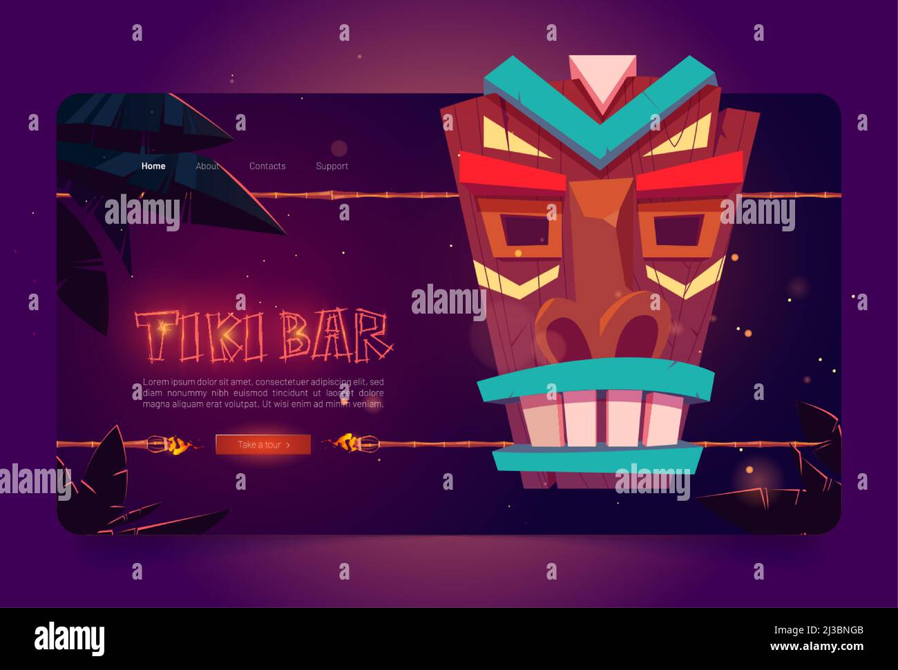 Tiki bar website with wooden tribal mask and burning torches on bamboo stick. Vector landing page of hawaiian beach cafe with cartoon illustration of Stock Vector