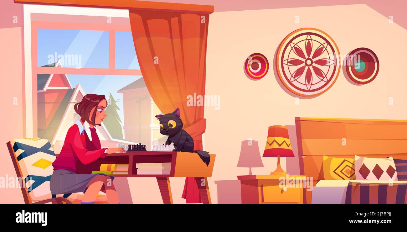 Girl playing chess with funny cat in her bedroom. Young woman board game  recreation, prepare for intelligence tournament thinking at chessboard in  roo Stock Vector Image & Art - Alamy