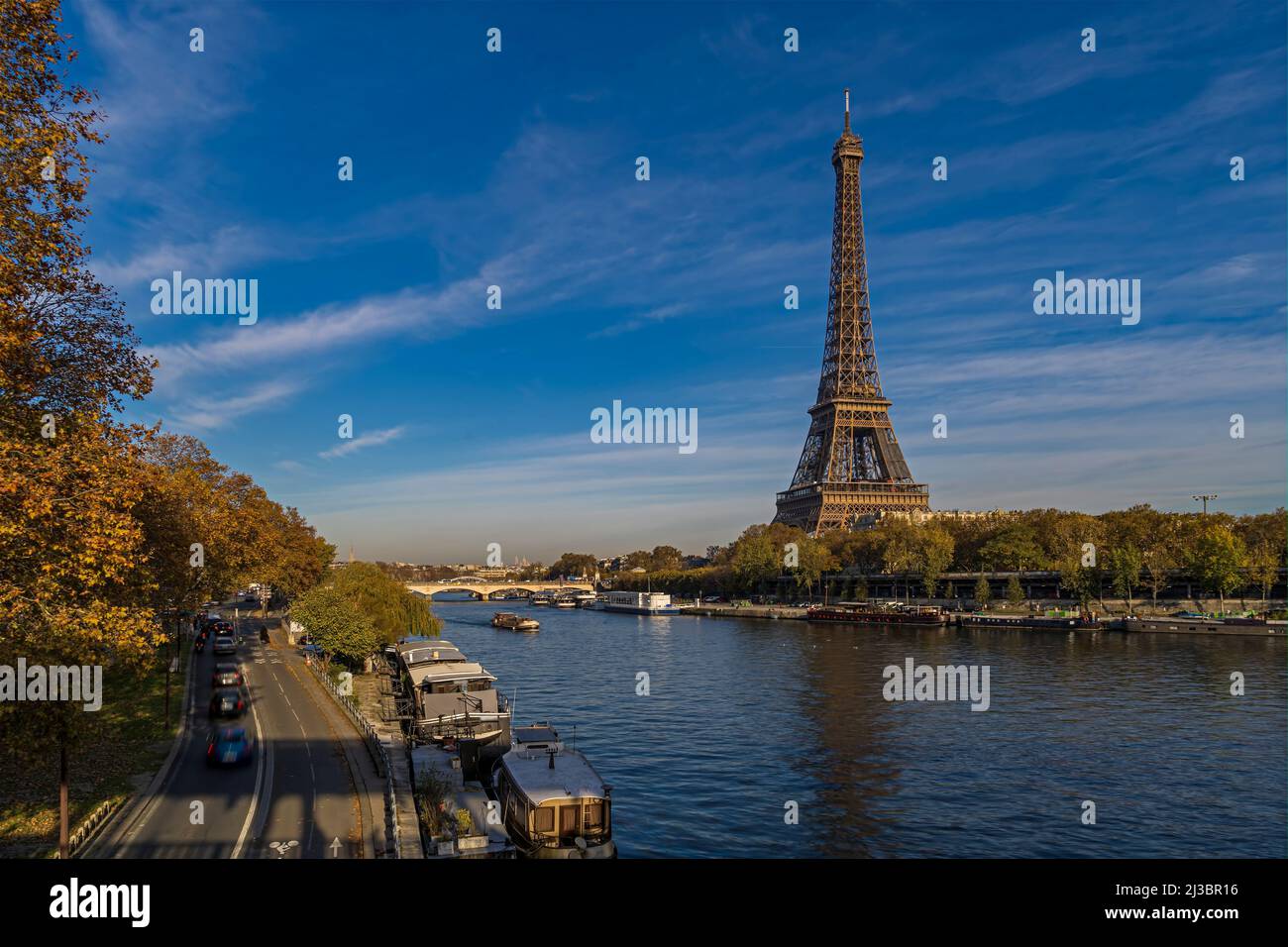 Fall Colors in Paris With Eiffel Tower in a Sunny Day Seine River and
