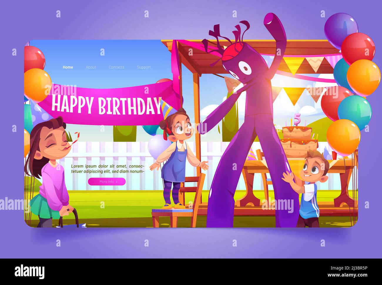 Birthday party decoration with inflatable tube man, tent, cake on table and balloons on backyard. Kids celebrate anniversary. Vector banner with carto Stock Vector