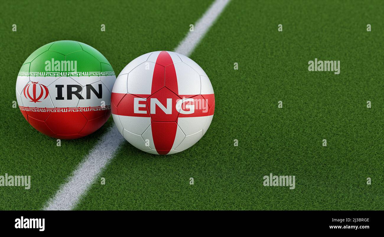 Iran vs. England match Soccer balls in Iran and England national colors. 3D Rendering Stock