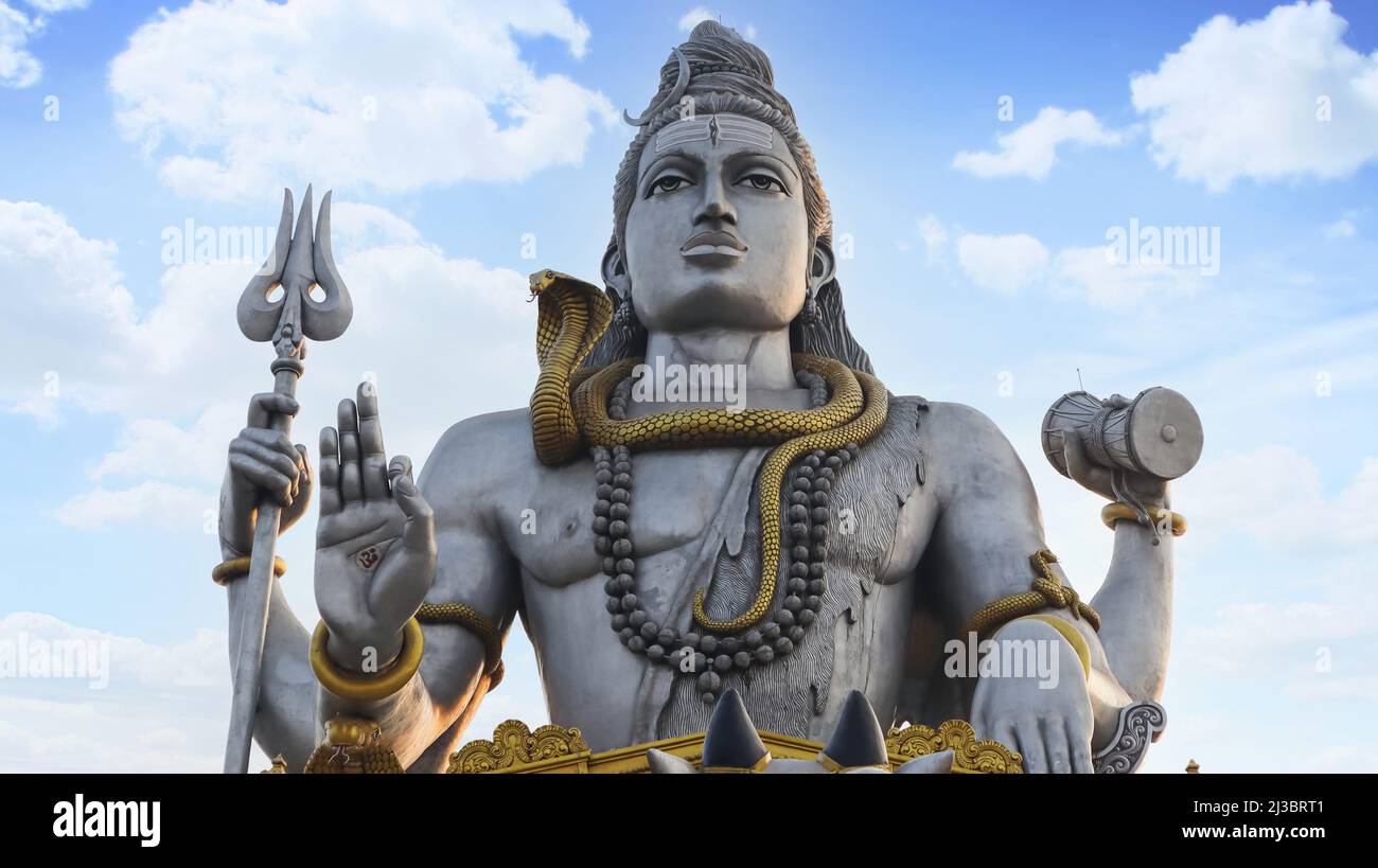 Front closup view of  Worlds Second Largest Statue of Lord Shiva of 130ft High, Murudeshwara, Uttara Kannada, Karnataka, India Stock Photo