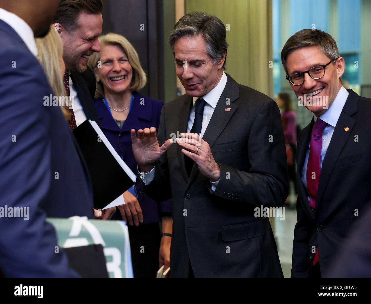Lithuanian Foreign Minister Gabrielius Landsbergis, U.S. Secretary of State Antony Blinken, and Counselor of the U.S. Department of State Derek Chollet attend a NATO foreign ministers meeting, amid Russia's invasion of Ukraine,