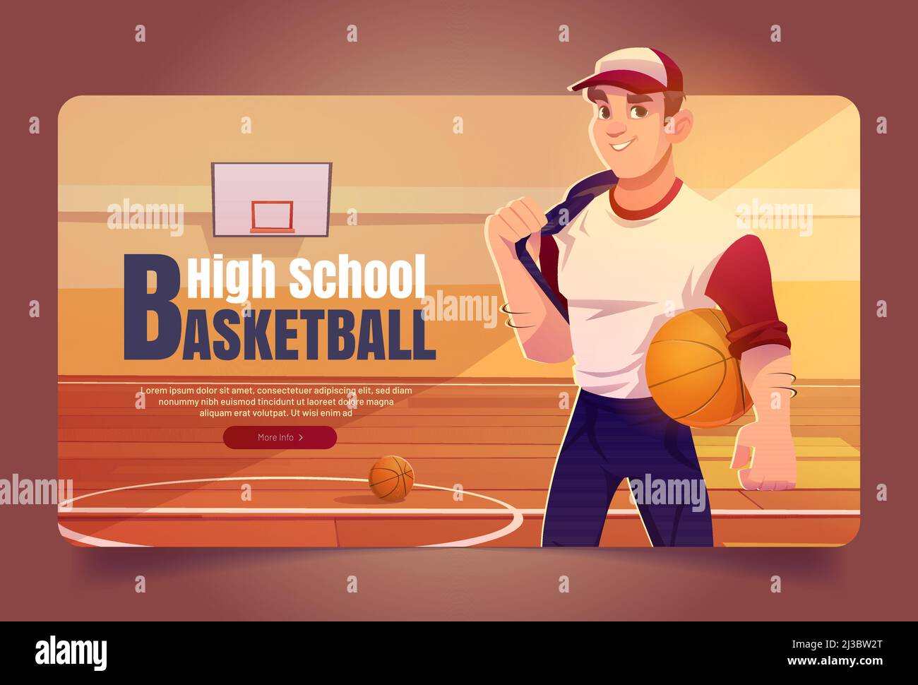 High school basketball cartoon web banner, sportsman in team uniform