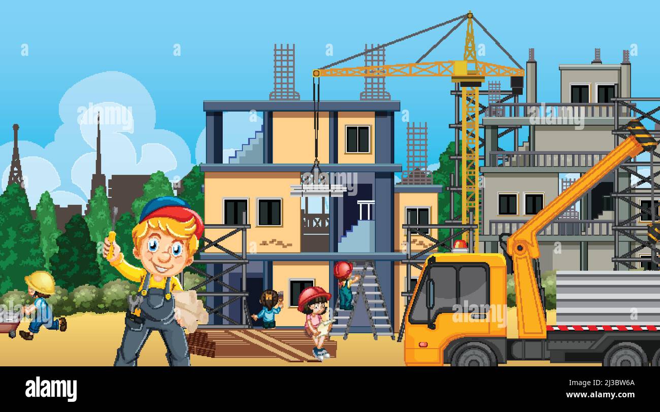 Building house construction site and workers illustration Stock Vector ...