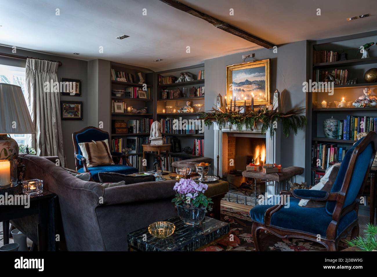 Blue velvet armchairs at lit fireside in 18th century Suffolk cottage at Christmas, UK Stock Photo