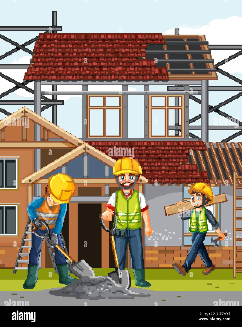 House construction site with workers illustration Stock Vector Image ...