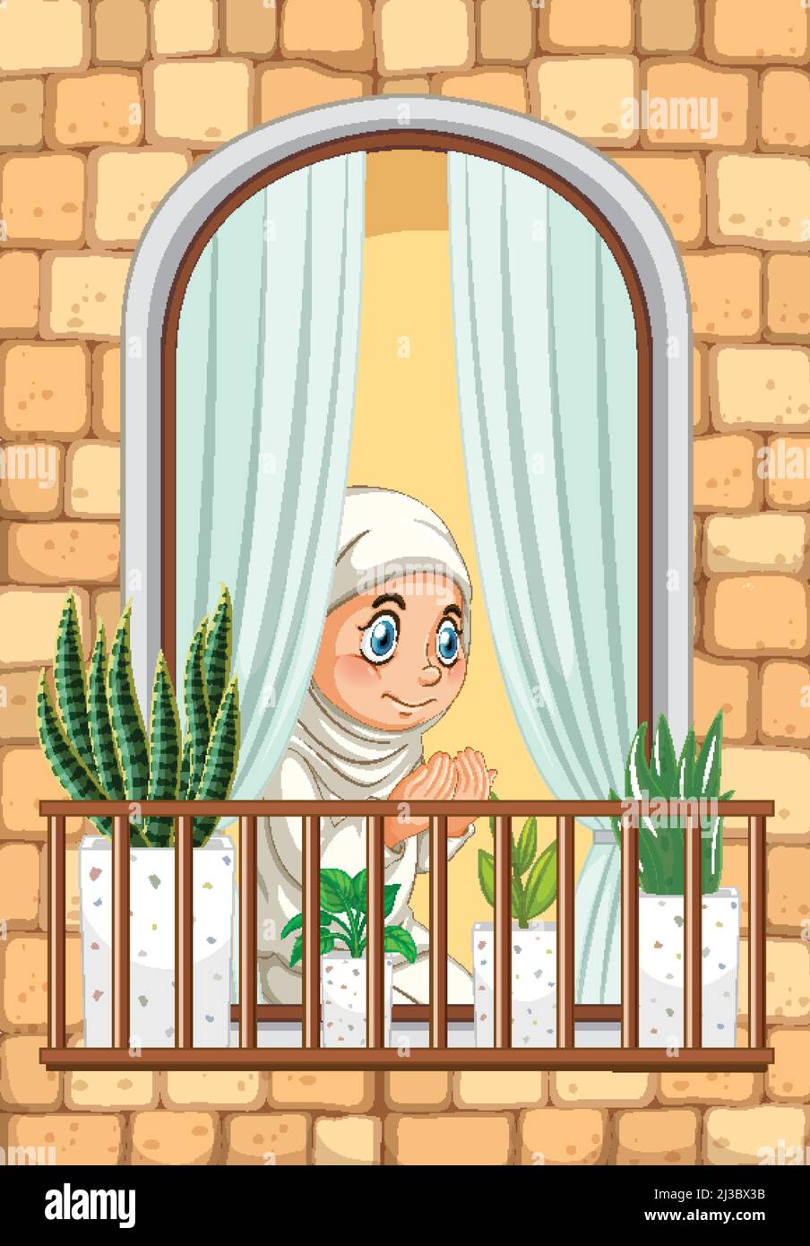 View through the window of muslim girl praying illustration Stock Vector