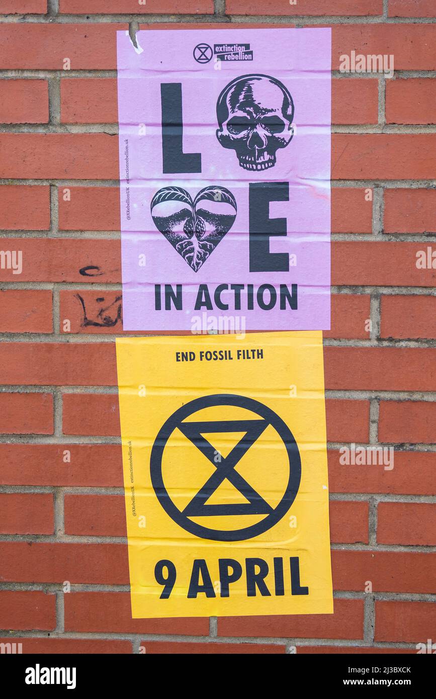 Southend on Sea, Essex, UK. 7th Apr, 2022. Posters have appeared on walls to advertise the upcoming action by Extinction Rebellion to protest against climate change. Civil resistance is planned in London from the 9th to 17th of April, with a large demonstration to be held in Hyde Park on the first day. The group are planning to cause disruption in the city to highlight the issues such as fossil fuels Stock Photo