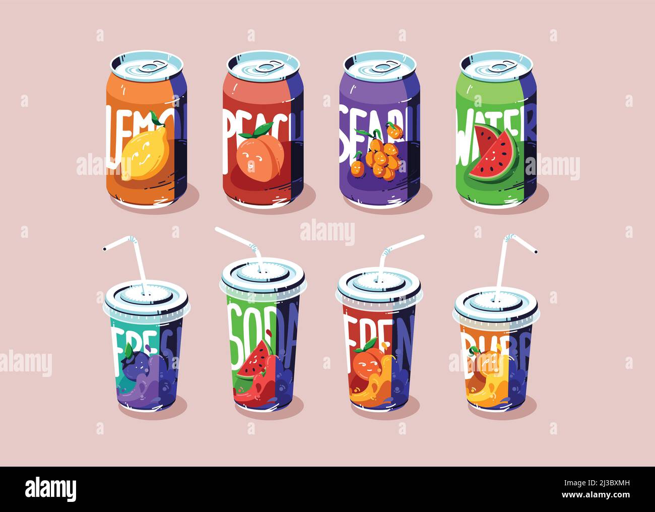 Soda cups and cans set, cold drinks of various flavors lemon, peach