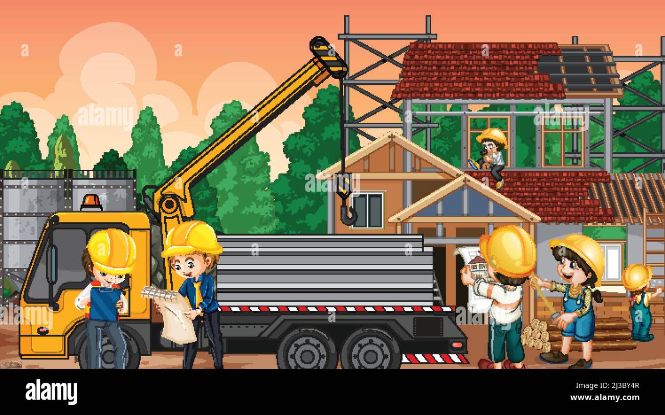 Building house construction site and workers illustration Stock Vector ...