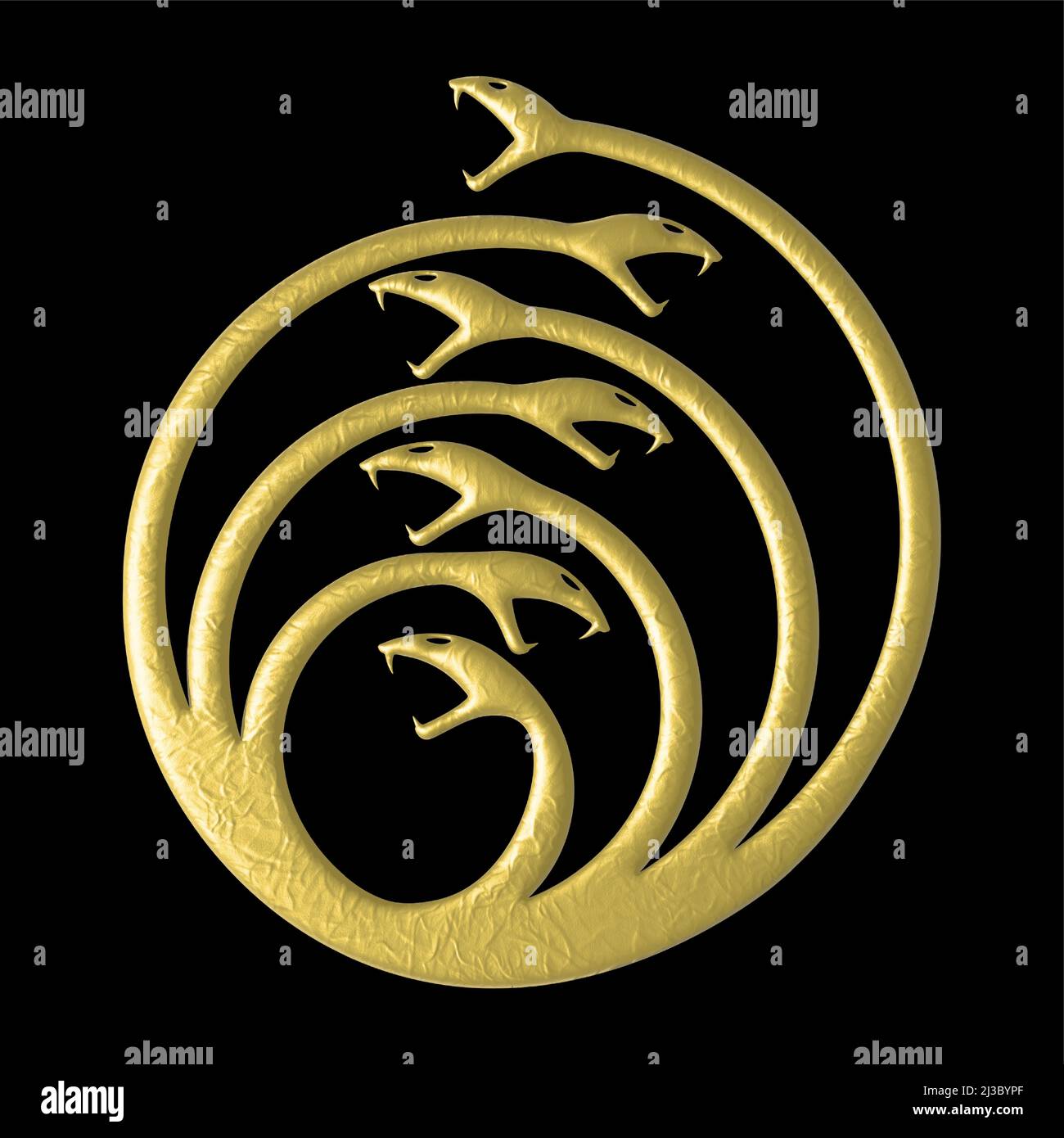 3D Seven Head Hydra symbol ouroboros style Gold on Black Stock Vector