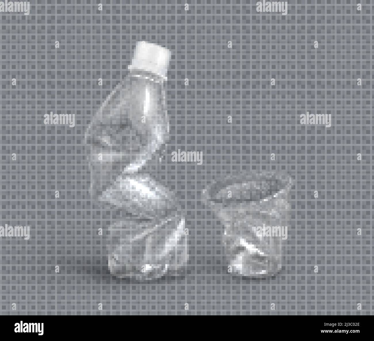 Crumpled plastic cup and bottle for water, disposable mug and flask