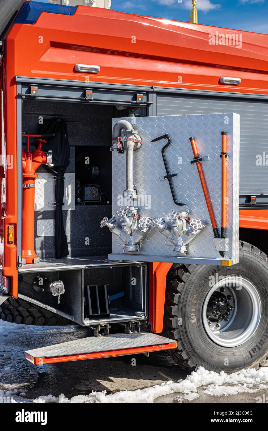 fire truck with an open hatch in which the tool Stock Photo Alamy