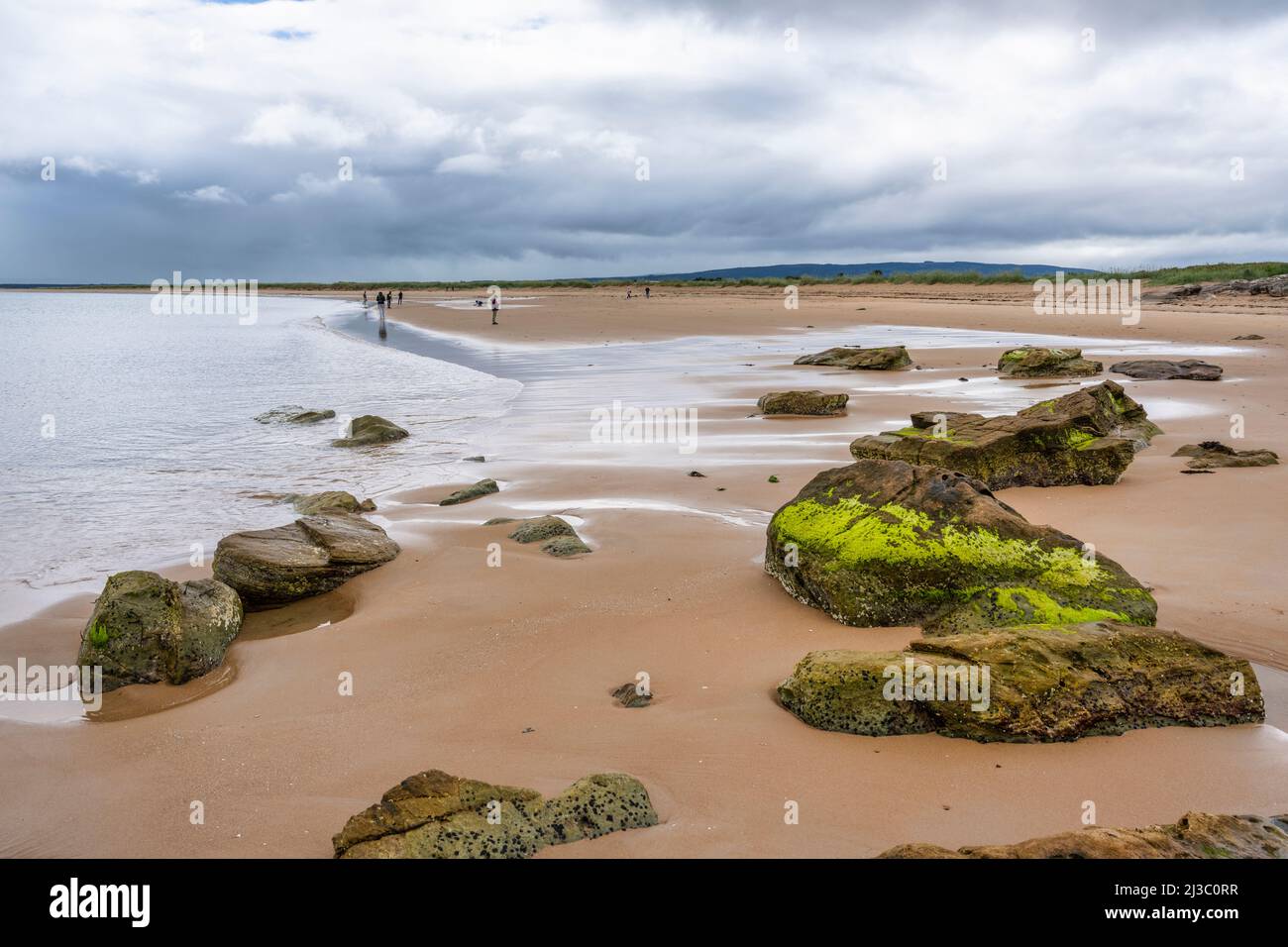 Rocks uncovered by the retreating tide on Dornoch beach in Sutherland, Highland, Scotland, UK Stock Photo