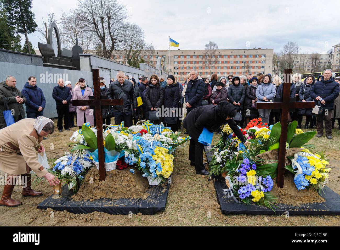 Lviv, Ukraine 6 Apr 2022, Mourners lay flowers on fallen soldiers