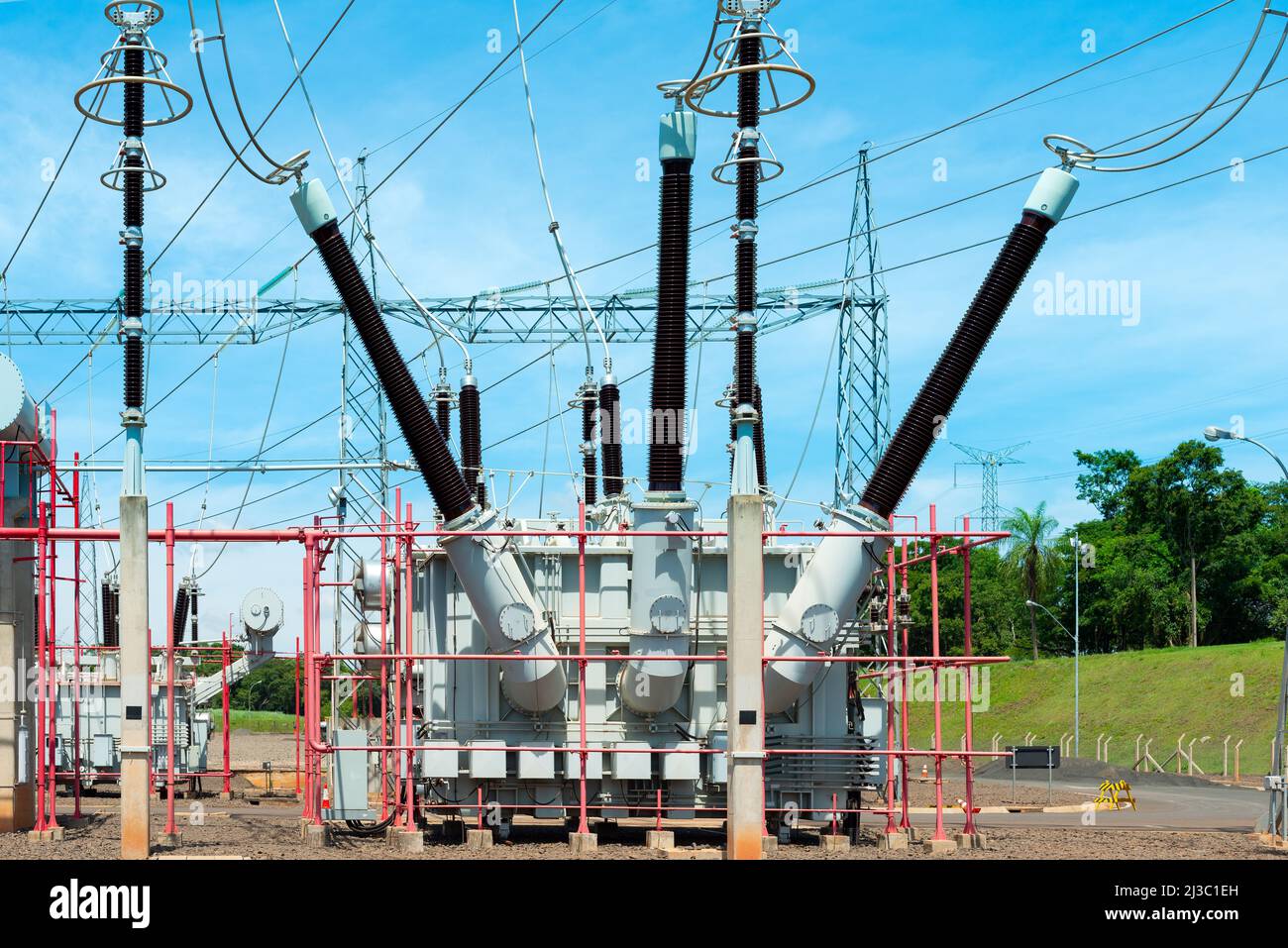 Power Transformer in High Voltage Electrical Outdoor Substation Stock Photo