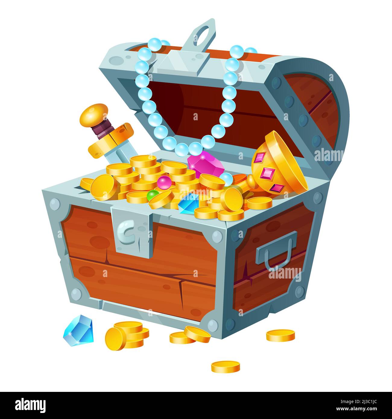 Chest with gold coins, gemstones, crystals and trophy. Pirate treasure in open wooden forged box isolated on white background. Fantasy game asset, mob Stock Vector