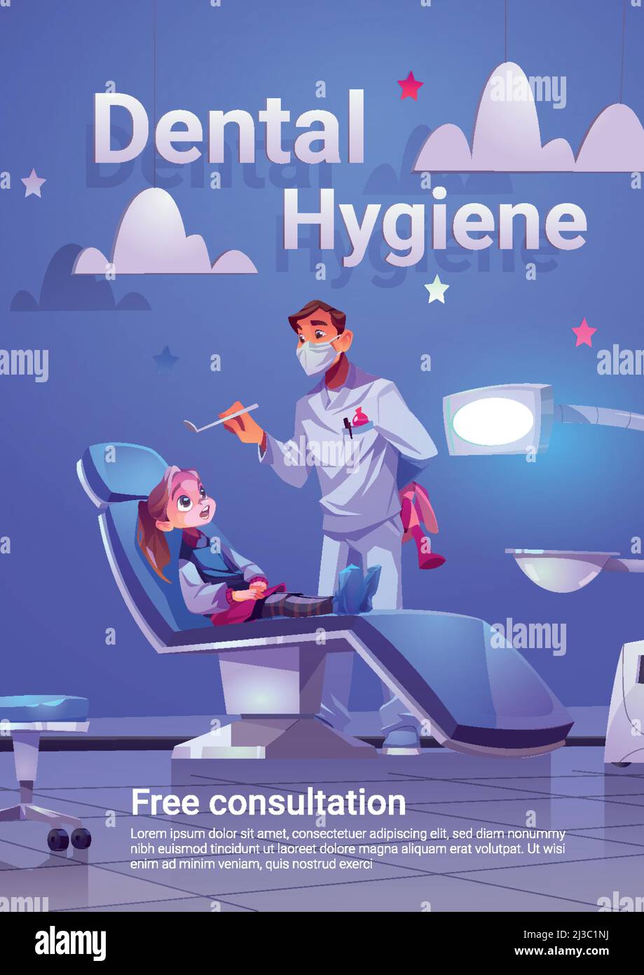 Dental hygiene cartoon ad poster with child at dentist office. Little